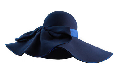 Navy blue sun hat with a large bow and blue ribbon on a transparent background
