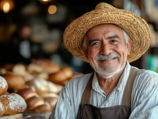 Smiling baker shows fresh bread at local market in the morning sun