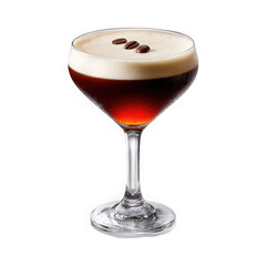 Espresso martini cocktail with coffee beans on top in a glass isolated on transparent background