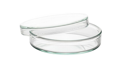 Two clear glass petri dishes stacked with condensation on the inner rim of the bottom dish png isolated transparent background