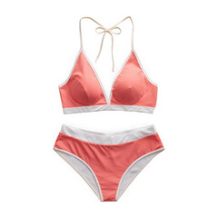 Coral pink shiny bikini with white trim isolated on transparent background
