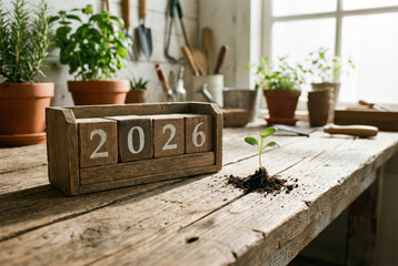 Wooden blocks displaying the year 2026 sit on a sunlit table next to a green seedling growing from a crack in a rustic potting shed filled with plants and gardening tools.