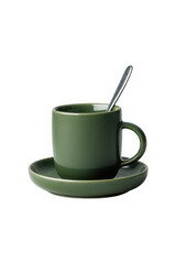 Green ceramic coffee cup and saucer with metal spoon on transparent background