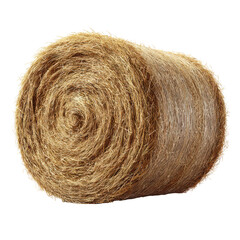 A large cylindrical roll of golden brown hay on a transparent background