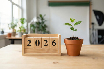 A wooden block calendar displaying the year 2026 sits on a light wooden table next to a small green seedling in a terracotta pot in a bright sunlit room with a blurred background.