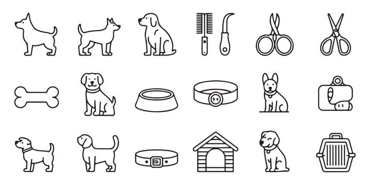 Set of dog and pet care outline icons including breed representations grooming tools accessories food shelter and transportation items vector