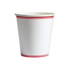 A white paper cup with red stripes on the top and bottom isolated on transparent background