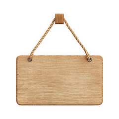 Woven straw or bamboo rectangular hanging sign with rope hanger isolated on transparent background