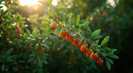 Branch laden with bright red berries and green leaves, bathed in warm sunlight