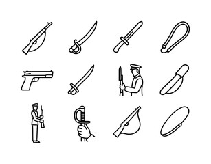 Fototapeta premium Ceremonial Weapon Icons. Ceremonial weapons. Line icon set of Ceremonial weapons: ceremonial rifle, saber icon, bayonet detail, rifle sling, chrome pistol,