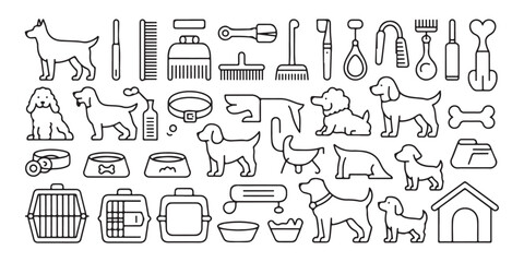 Collection of dog breeds and pet care accessories outline icons pet shop grooming items food bowls bones carriers and more © Md