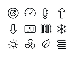 Fototapeta premium Thermostat Adjustment Icons. Adjusting the thermostat. Line icon set of Adjusting the thermostat: thermostat dial, temperature gauge, thermometer, up arrow,