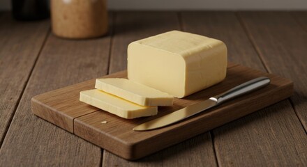 Butter block with cut slices, knife on a wooden board, natural light, rustic setting