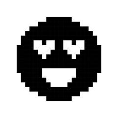 Obraz premium Love smiley icon. Pixel art smile sign. Black emoticon symbol. Decorative flat element for design, sticker, clipart, etc. Vector illustration. Isolated on a white or PNG background.