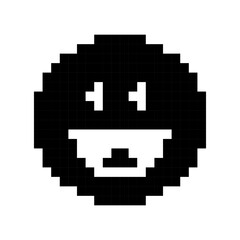 Obraz premium Joy smiley icon. Pixel art smile sign. Black emoticon symbol. Decorative flat element for design, sticker, clipart, etc. Vector illustration. Isolated on a white or PNG background.