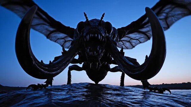 Giant Insectoid Creature Rises from Water at Dusk.