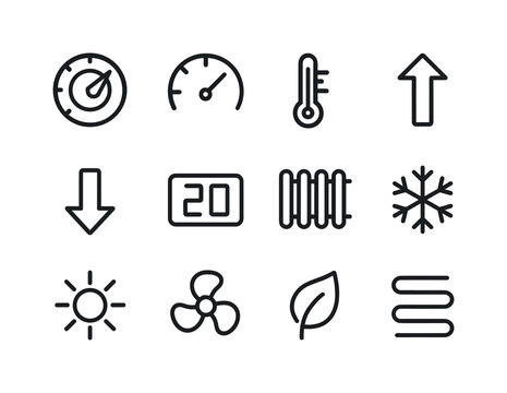 Thermostat Adjustment Icons. Adjusting the thermostat. Line icon set of Adjusting the thermostat: thermostat dial, temperature gauge, thermometer, up arrow,
