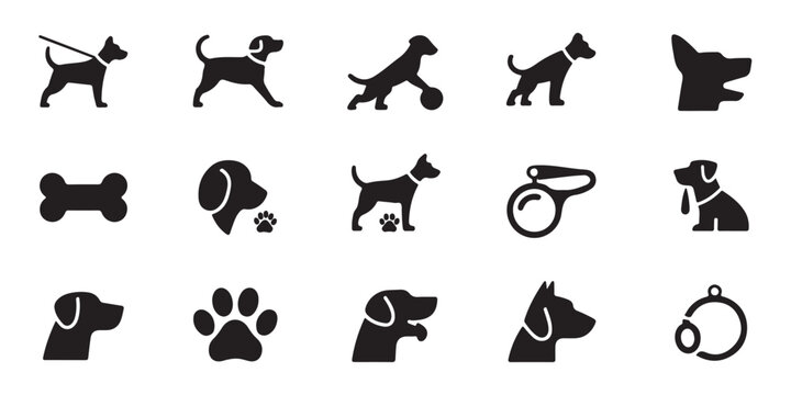 Set of dog breeds and pet accessories silhouette icons pet care items food bones leash and collar isolated on white