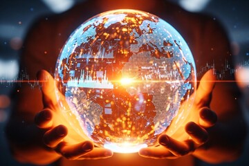 Hands cradling a glowing digital globe with graphs