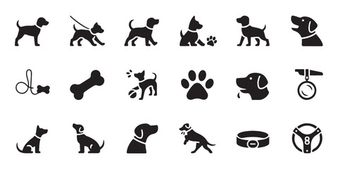 Pet dog icons collection featuring various breeds walking playing and grooming silhouettes for animal care concepts