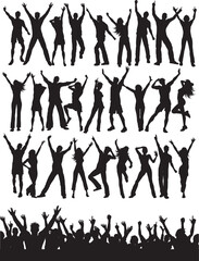 Vector silhouettes of business people and dancing crowd with walking men and fashion model lady in black outline