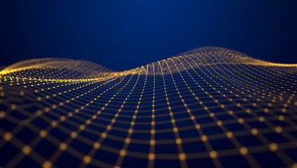 Abstract Digital Network Waveform, Glowing Golden Grid on Deep Blue Background, Futuristic Technology Concept