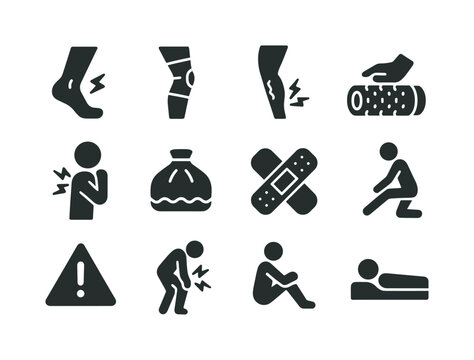 Running Injury Icons. Running injuries. Solid icon set of Running injuries: ankle pain, knee brace, shin splint icon, foam roller, sore muscle icon, ice pack,