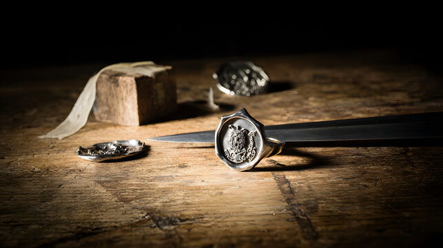 unsheathed. A broken family crest seal next to an unsheathed dagger on a wooden surface. event programs, museum guides, designed for cultural heritage projects and event programs, preserves heritage.