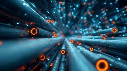 Abstract futuristic technology background with glowing data streams and metallic tubes in blue and orange tones, symbol of digital flow, innovation, speed and modern network systems