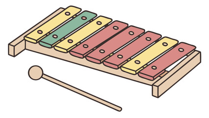 Colorful xylophone with wooden mallet on white background