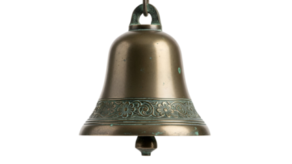 Antique bronze temple bell featuring detailed floral etching and aged patina hanging from a metal chain on transparent background