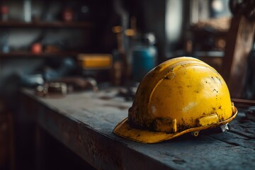 Safety Helmet on Industrial Workbench