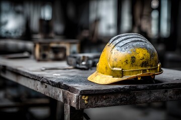 Safety Helmet on Industrial Workbench