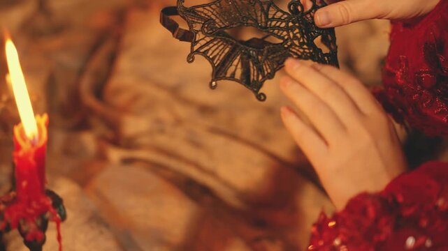 hand taking dressing black lace carnival mask, mystery woman goes to masquerade ball, lady in dark room royal night club themed costume party, Sexy woman vampire queen victorian red dress old style 4k