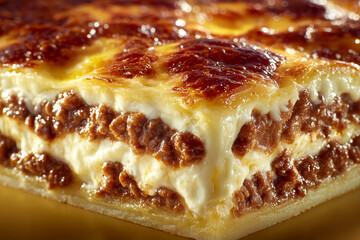 Deliciously layered lasagna with rich meat sauce, creamy bechamel, and golden cheese topping, showcasing culinary artistry and comfort food appeal