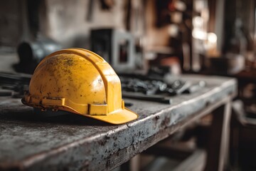 Safety Helmet on Industrial Workbench