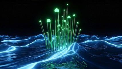Abstract Glowing Green Tubes Emerge from Blue Wavy Surface in Dark Environment.