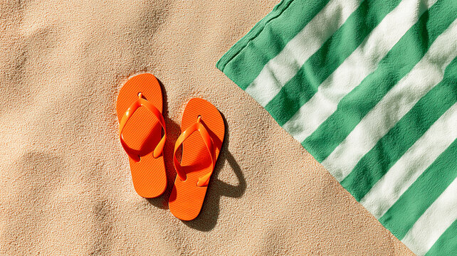 Bright orange flip flops on sandy beach next to green striped towel, top view summer vacation concept with warm sunlight, minimal composition, travel and relaxation lifestyle background
