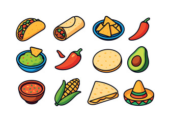 Isometric Mexican Food Icons. Mexican food. Colorful isometric vector icons set of Mexican food: tacos, burrito, nachos, guacamole bowl, chili