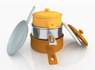 Kochgeschirr vor wei&szlig;em Hintergrund