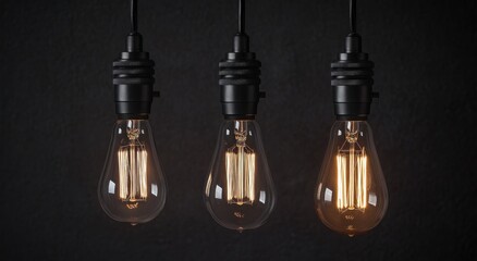 Three vintage edison light bulbs hanging against a dark textured wall