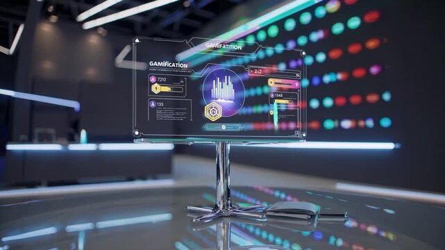 transparent display showing gamification dashboard and analytics widgets, colorful dot wall reflection and sleek studio table, interactive interface with metrics, modern presentation environment