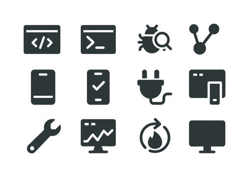 Development Tools Icons. Development tools. Solid icon set of development tools: code editor, terminal, debugger, version control, simulator, testing device,