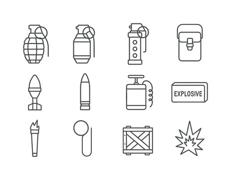 Military Explosives Icons. Military Explosives. Line icon set of Military Explosives: fragmentation grenade, smoke grenade, flashbang, explosive satchel,