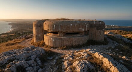 Concrete bunker atop a rocky hill, overlooking coast at sunset