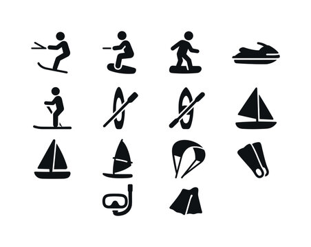 Water Sports Icons. Water sports. Solid icon set of Water sports: waterski, kneeboard, wakeskate, jet ski, paddleboard, kayak, canoe, sailboat, windsurf board,