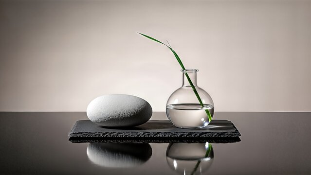 Minimalist arrangement of a smooth stone and a plant in a glass vase on a dark surface. - Powered by Adobe