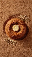 Genfo, barley porridge formed with spiced butter center, dish from Ethiopia on brown backdrop, minimalist food photo, template for social media, digital ad, web banner, mobile wallpaper, greeting card