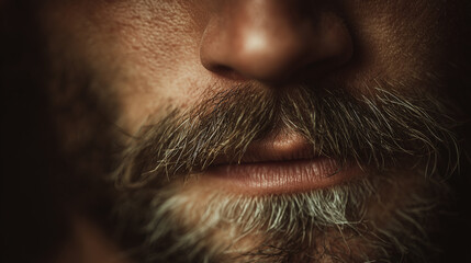 Macro close up of male lips with mustache and beard, detailed skin texture, natural light, masculine character.
