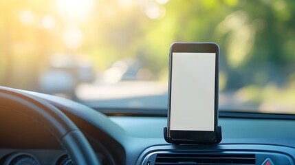 Smartphone in car holder on dashboard with blank screen